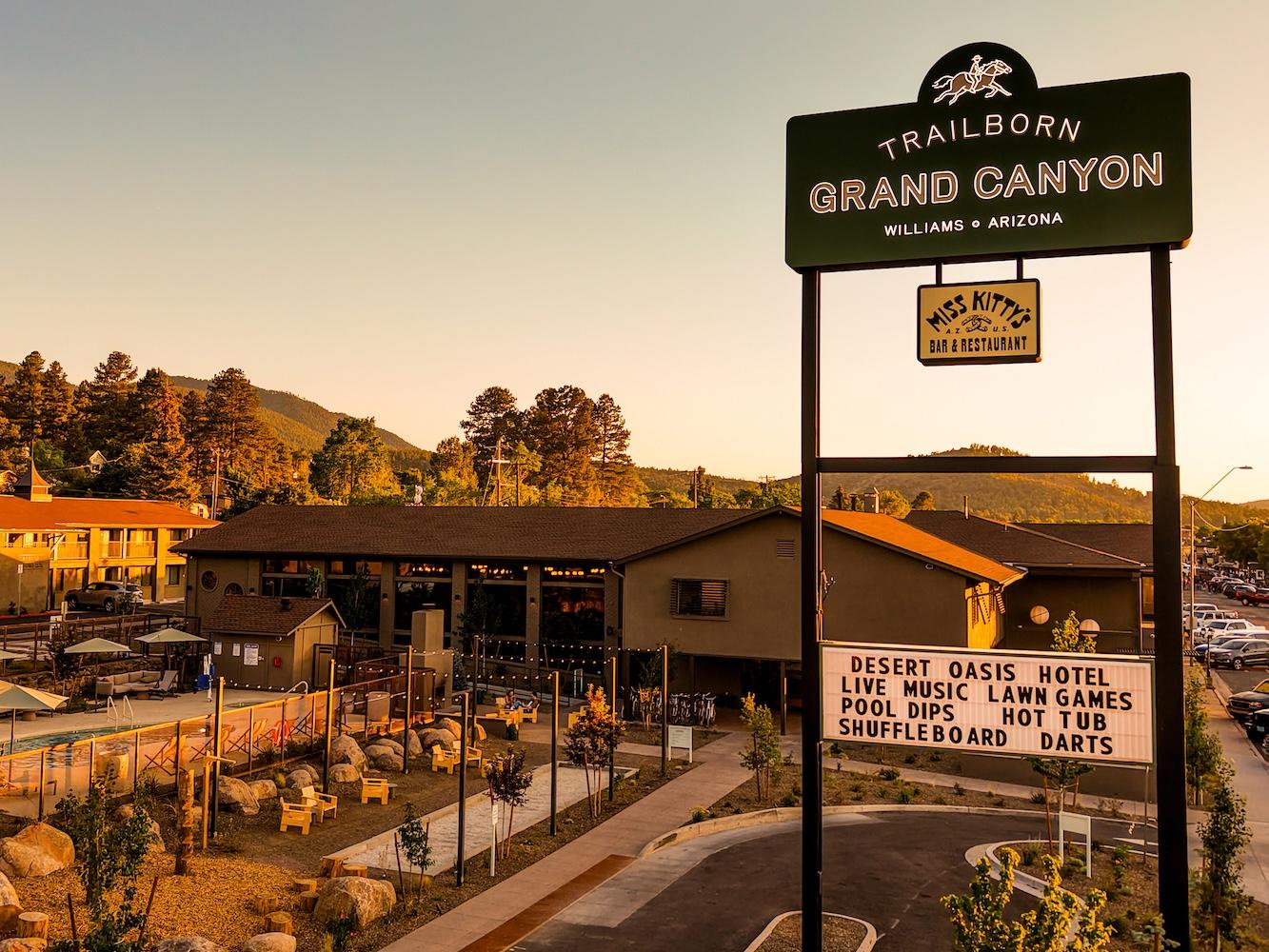 aerial view of hotel and signage